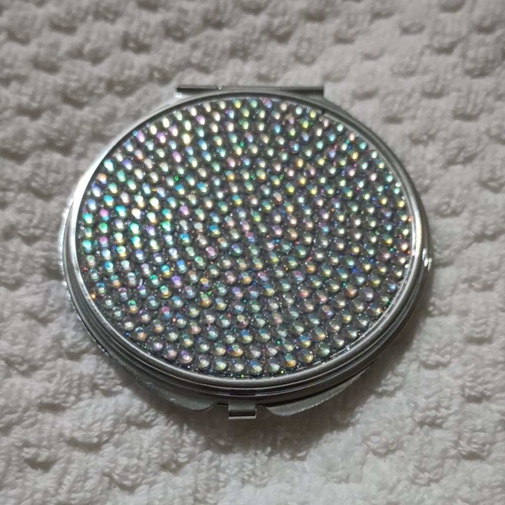 Compact Mirror Silver Tone With Multi Color Sparkles